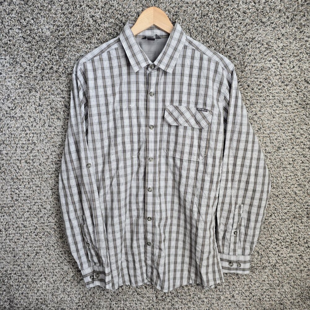 Eddie Bauer Shirt Mens Medium Gray Plaid Button Up Mesh Lined‎ Pocket Casual
